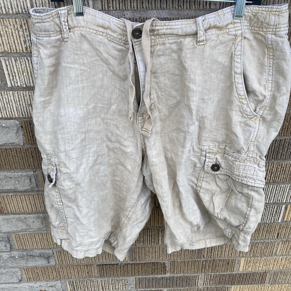 Lucky‎ Brand Cargo Shorts Mens 36 Khaki 100% Linen Distressed Paratrooper